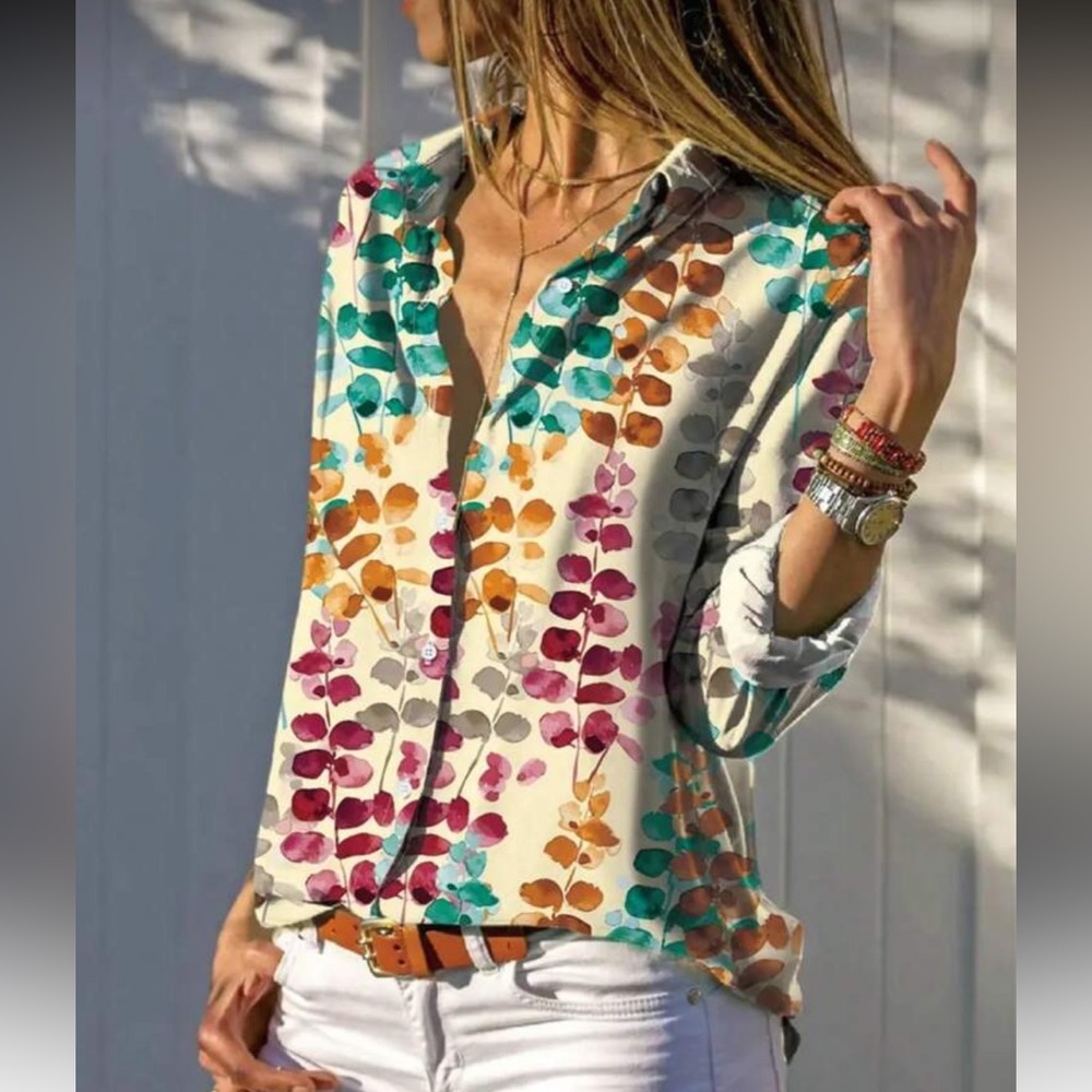 Boho Classic Printed Button-Up Long Sleeve Blouse Top Shirt Office - Picture 4 of 10